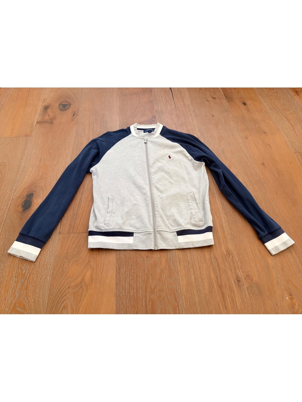 Polo Ralph Lauren Gray Navy Raglan Full-Zip Sweatshirt Tagged L/G